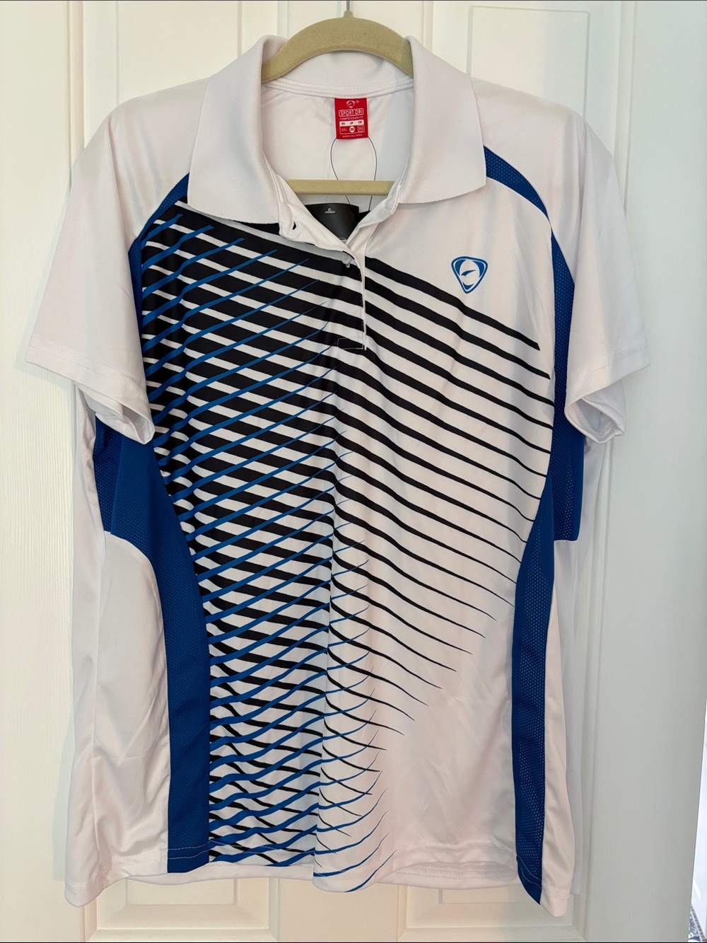 White & Blue Short Sleeve Athletic Polo with Geometric Print